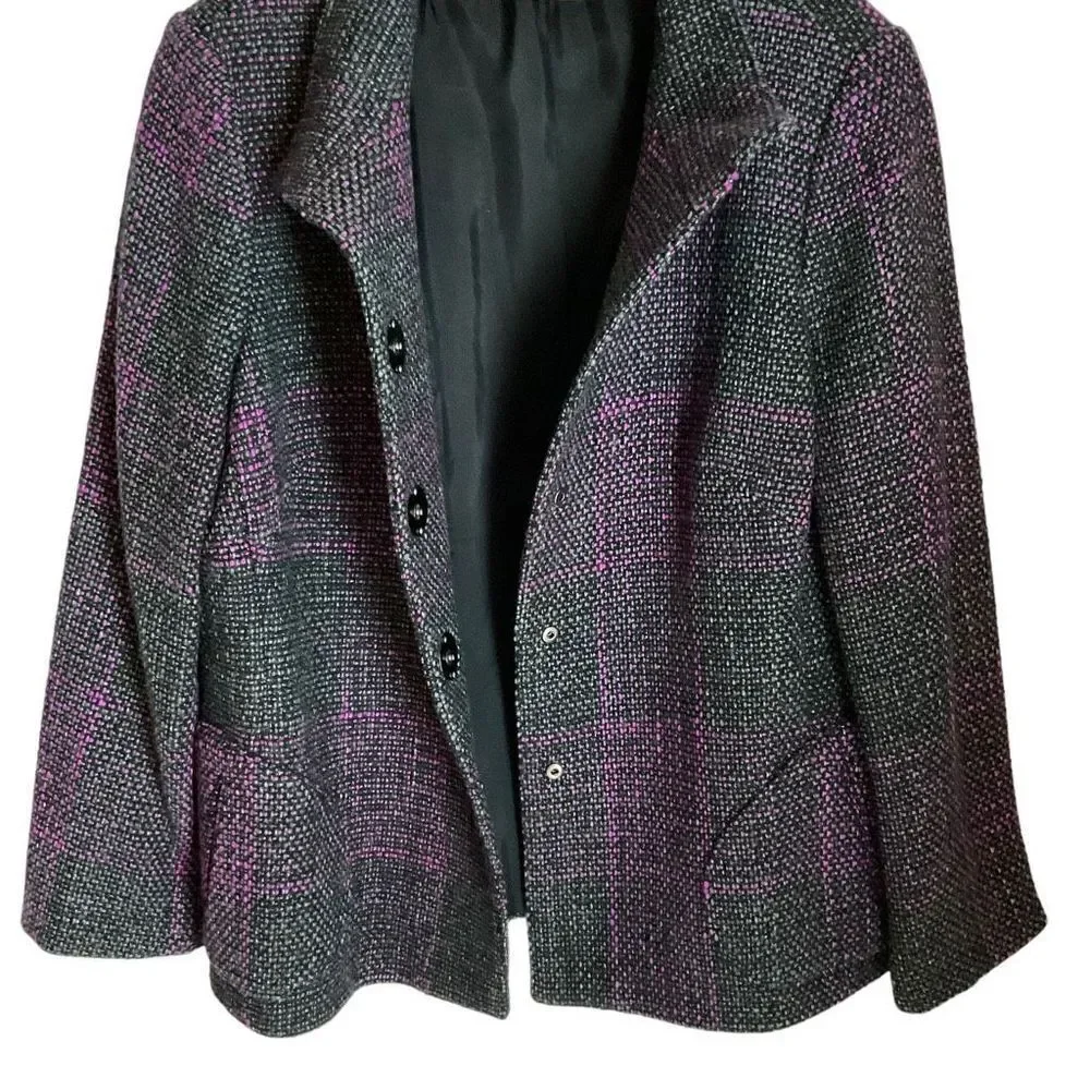 Carlisle Jacket Tweed Wool Blend Button Snap Front Black Pink Grey Weave Size 14